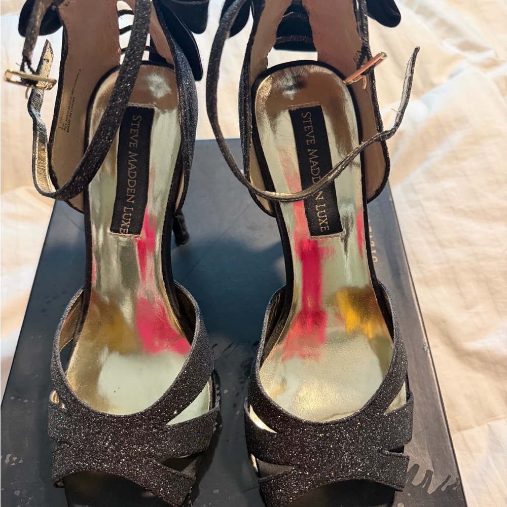 Steve Madden Black Glitter Ankle-Strap Heels